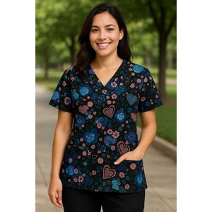 Blusa Médica Butter Suave Mujer Talla Grande Negra Azul Rosa Y2K Floral Bolsillos Corazón - Imagen 1 de 8
