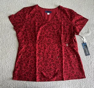 Koi Sapphire Scrub Top Women’s Sz XL Red Leopard Ruby Nursing Medical - Picture 1 of 12