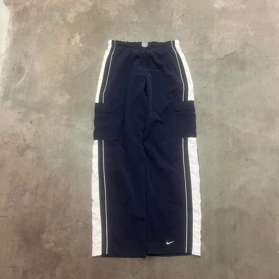 Y2K Nike Hombre Azul y Blanco Suelto Carga Pista Pantalones Plata Etiqueta Pierna Ancha Patinador M Foto 1 de 4