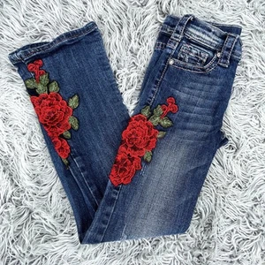 Cowgirl Tuff Roses Are Red Distressed Dark Denin Jeans Flared Adjustable Youth 8 - Picture 1 of 13