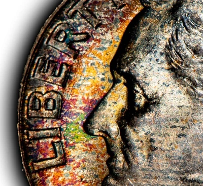 1959 10c Silver Roosevelt Dime - Rainbow Textile Toning - BU - SKU-Z6373 - Image 1 of 4