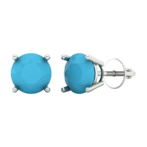 4Ct Turquoise - Round Cut VVS1 - Solid Gold Stud Everyday Earrings Screw-Back - Picture 1 of 20