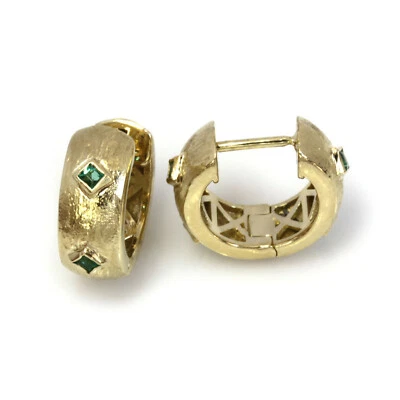 0.4 ctw Natural Green Princess Emerald Solid 14k Yellow Gold Hoop Earrings 14 mm - Image 1 of 4