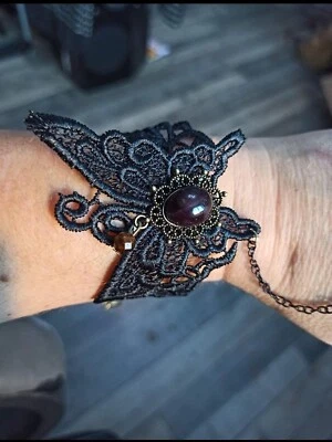 Bracelet manchette femme dentelle noir Grenat Étoilée Bague Réglable gothique - Photo 1/4