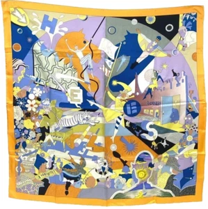 Hermes Carre 90 Ca Decoiffe! Bufanda de seda chal naranja azul multicolor raro sin caja - Imagen 1 de 10