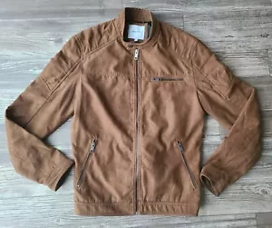 JACK & JONES Brown Leather Jacket size L Mens Full Zip Outdoors Outerwear Bomber - Picture 1 of 9