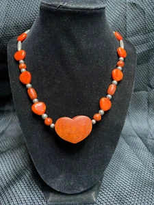 Vintage Schmuck Rot Jaspis Stein 925 Perlen Herz Halskette - Bild 1 von 4