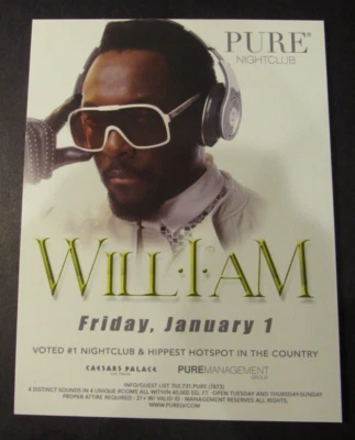 2010 New Years Day Will.I.Am Promo Flyer Card 6"x4" Pure Nightclub Las Vegas Rap - Image 1 of 2
