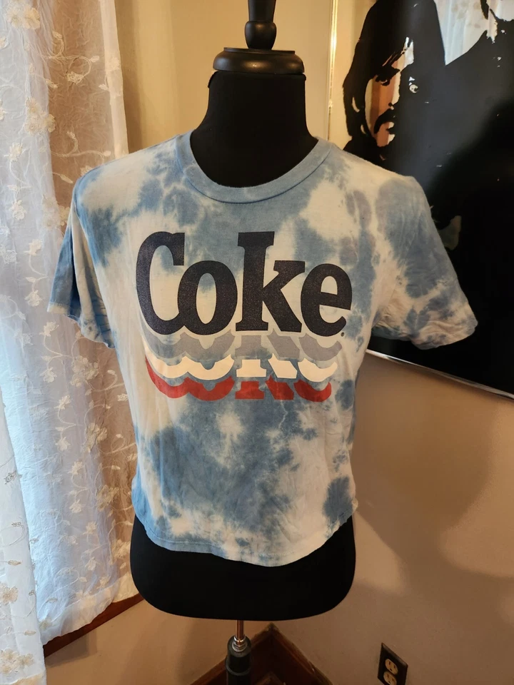 Blue & White Tie Dye Coca Cola Crop Top T-Shirt Size Large - Image 1 of 1