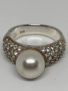 Vtg 925 Silver Swan Cocktail Gray Faux Pearl Crystals Size 8 Ring - Picture 1 of 5