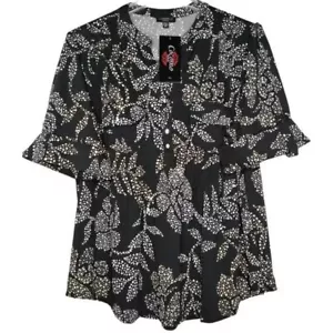 Cocomo Plus Size 2X Black Multi Color Floral Pintuck Short Sleeve Blouse Top - Picture 1 of 7