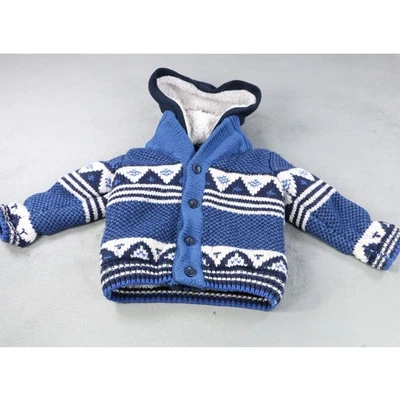 Catimini Baby/Toddler Hooded Knit Jacket Sherpa Lined Size 2 Blue/White Pattern - Photo 1/4