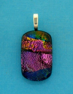 DICHROIC GLASS PENDANT, DEEP PINK WITH TEAL N BLUE, SILVER PLATED BAIL - Picture 1 of 1