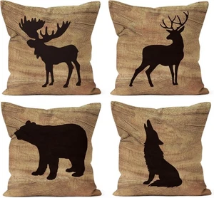 HIWX Log Cabin Decor, Throw Pillows Cover, Bear Deer Moose Brown  - Picture 1 of 7