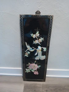 Placca pannello lacca nera legno giapponese arte asiatica vintage/arte da parete intagliata - Foto 1 di 5