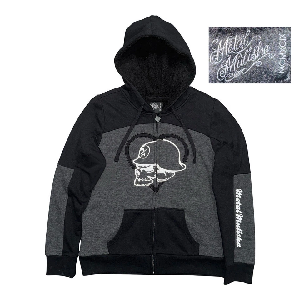 Y2K 金属 Mulisha 连帽衫女式 XL 黑色全拉链拼色头骨垃圾羊毛 — 第 1/1 张图片
