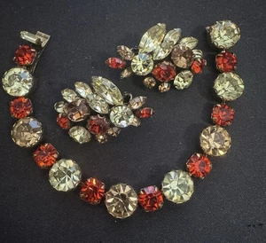 VTG Juliana Demi Set Bracelet Clip Earrings Rhinestones Orange Amber Yellow - Picture 1 of 4