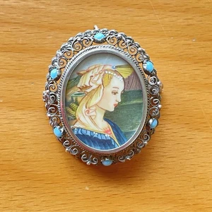Vtg Italian Filigree Portrait Brooch Pendant 800 Silver Turquoise Accents - Picture 1 of 8
