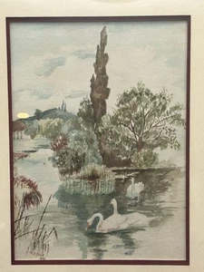 Vintage Watercolor Signed By Artist Swans 1919 M.E. Flick - 10.5” X 13” Darling - Picture 1 of 7