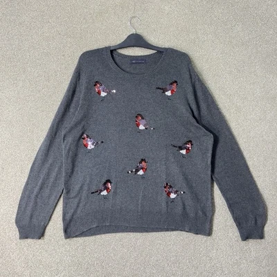 M&S Womens Sequin Robin Jumper XL Grey Knit Christmas Sweater Festive Gift - Image 1 of 4