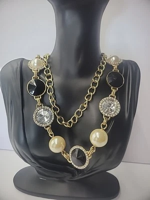 Collar Cadena Cristales Negros Cadena Con Cuentas Tono Dorado Joyería Disfraz Foto 1 de 4