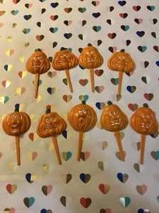 Vintage Kunststoff Kürbis Kuchen/Cupcake Topper Picks Kurbel Gesichter - Bild 1 von 6