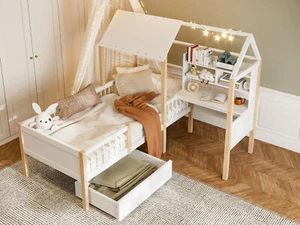 90x200 cm Hausbett Kinderbett Rausfallschutz mit Schreibtisch Bücherregal weiß - Bild 1 von 24