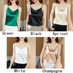 Lady Satin Tank Top Faux Silk Camisole Spaghetti Strap V Neck Solid Silky Summer - Picture 1 of 17