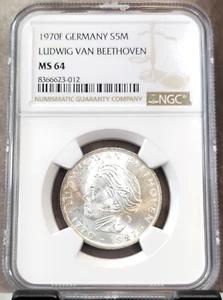 1970 GERMANY SILVER 5 MARK LUDWIG VON BEETHOVEN NGC MS 64 BEAUTIFUL BU COIN - Picture 1 of 3