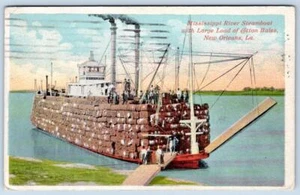 BARCO DE VAPOR 1914 PACAS DE ALGODÓN MISSISSIPPI RIVER NUEVA ORLEANS LA POSTAL - Imagen 1 de 2