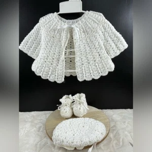 Vintage Handmade Knit White Infant Sweater Bonnet Booties Lacy Crochet Pattern - Picture 1 of 16