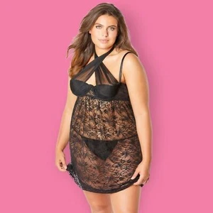 Plus Size Sexy Abelina Lace Empire Waist Tie Front Intimate Babydoll Set New - Picture 1 of 3
