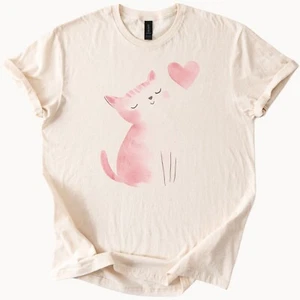 Cute Cat Heart Tee Watercolor Kitten Love Shirt - Picture 1 of 6