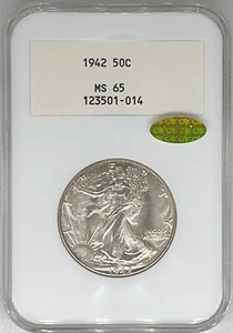 1942 50C NGC White Label MS65 Gold CAC Walking Liberty Half Dollar 01-014 - Picture 1 of 2