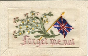 WWI, FORGET ME NOT, FLAG, FLOWERS - Embroidered Silk Military Patriotic Postcard - Picture 1 of 2