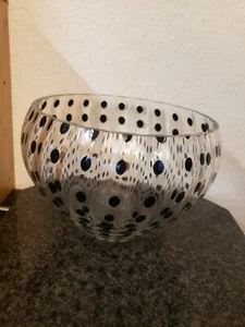 Art Glass Bowl Clear Black  Dots ribbed  - Picture 1 of 3