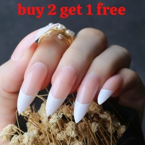 French beige Manicure Long Full Cover False Fake Nails Tips Glue stickon presson - Picture 1 of 16