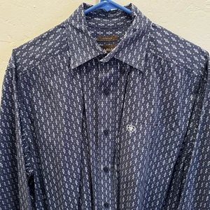Ariat Stretch Mens Shirt Blue Geometric Long-Sleeve Button-Up Logo M,L,XL (READ) - Picture 1 of 11