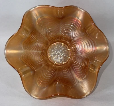 1910 Antique Fenton Art Glass Peacock Tail #411 Violet Vase in Marigold Carnival - Image 1 of 4