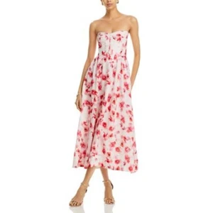 BARDOT WOMENS SIZE LARGE LOLA FLORAL CORSET STRAPLESS MIDI DRESS PINK RED - Picture 1 of 14