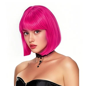 Hot Pink Bob Perücke mit Pony 12" kurz gerade Kostüm Perücke für Frauen Party - Bild 1 von 8