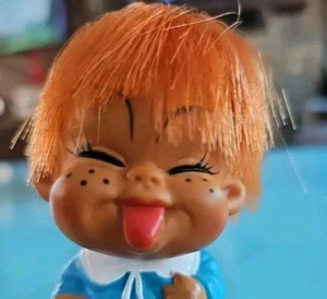 Moody Cutie Sticking Out Tongue Orange Red Hair Blue Dress Doll Vtg 60s Korea - Picture 1 of 8
