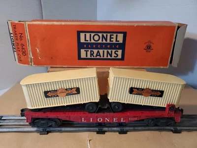 Vintage 1956/57 Lionel 6430 Trailer Flat Car w/Off White Vans Cooper Jarrett OB - Image 1 of 4