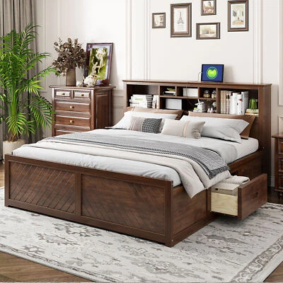 King Bed Frame With Shelf Storage Headboard / USB/ 2 Drawers Wood Slatted Brown - Image 1 of 4