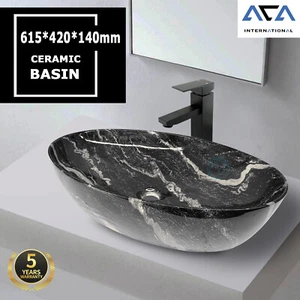 Bath Art Basin Above Counter Top Vanity Ceramic Wash Sink Bowl Oval Marble Black - Picture 1 of 7