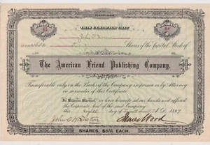 Certificado de acciones de American Friend Publishing Company 1897 Pennsylvania - Imagen 1 de 1