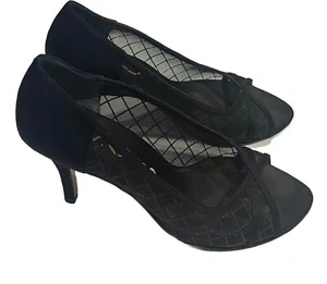 Nina Black Satin Stiletto Heels Silver Glitter Mesh Open Toe Formal Size 7.5 - Picture 1 of 14