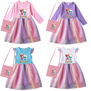 Kids Girls Super-Kitties Dress Cosplay Mesh Sequin Party Fancy Dress+Bag Outfits - Picture 1 of 20