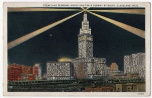 VINTAGE CLEVELAND OH POSTCARD TERMINAL GROUP AND TRAIN SUBWAY AT NIGHT 051822 R - Picture 1 of 2
