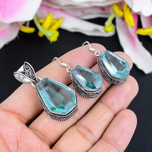 Aquamarine Gemstone Handmade Vintage Style 925 Sterling Coffin Shape Jewelry Set - Picture 1 of 4